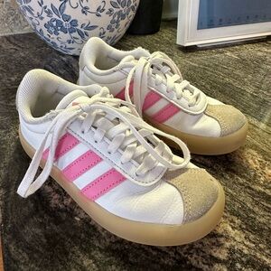 adidas Kids White and Pink Sneakers with Tan Accents